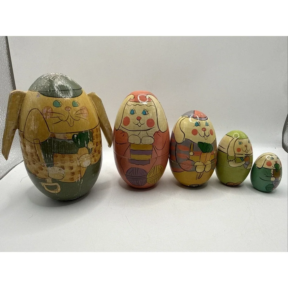 VTG Bunny Rabbit Russian Nesting Dolls Set of 5 Hand Painted Wooden Easter 5